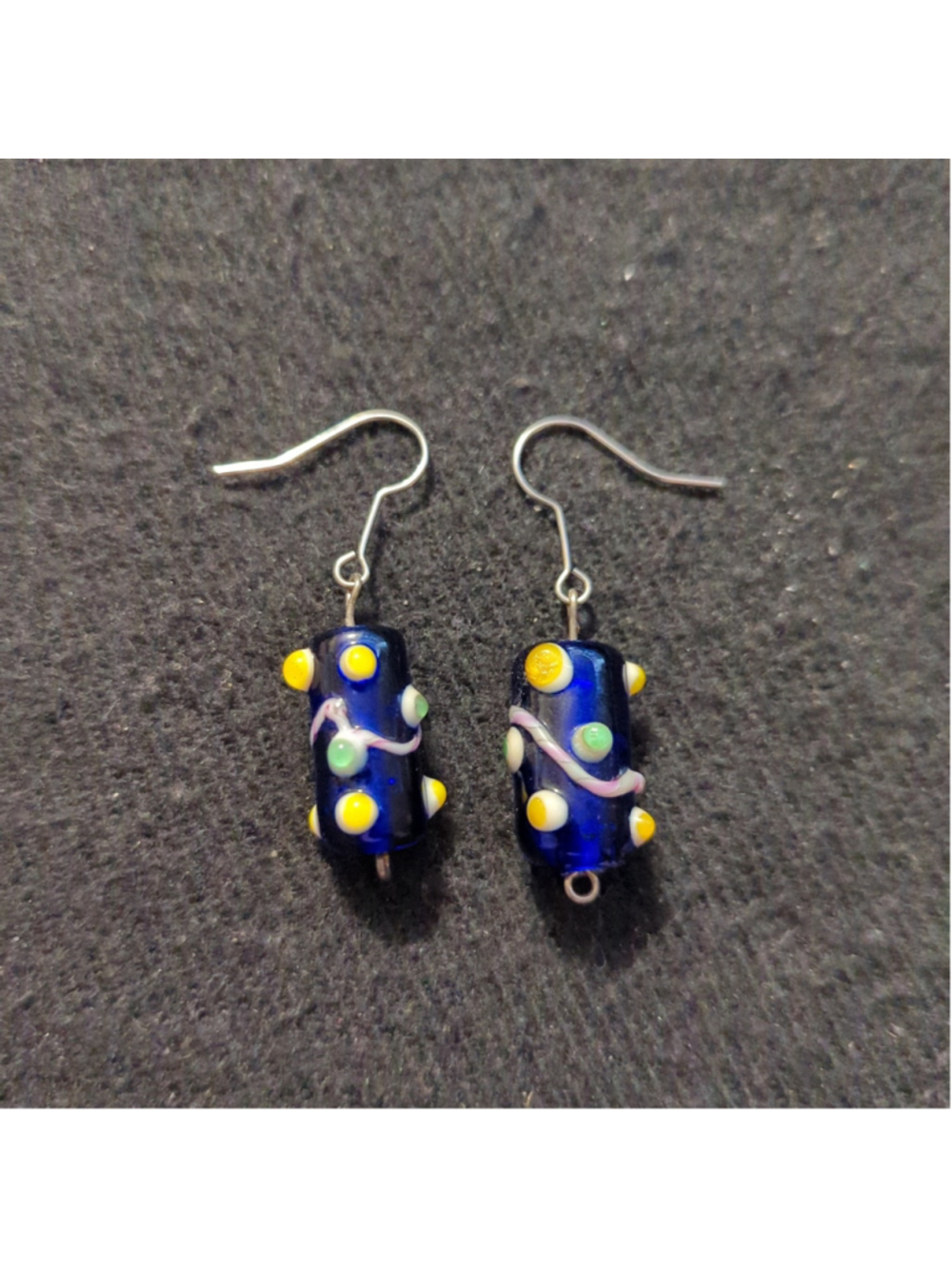 Silver Tone Blue White Yellow Lampwork Glass Beaded Dangle Statement Earrings - Picture 1 of 2
